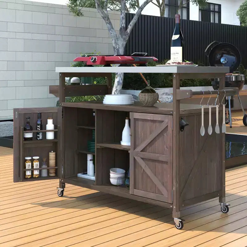 Outdoor Kitchen Island, Rolling Bar Cart & Storage Cabinet, Farmhouse Outdoor Grill Table with Stainless Steel Top, Towel Rack