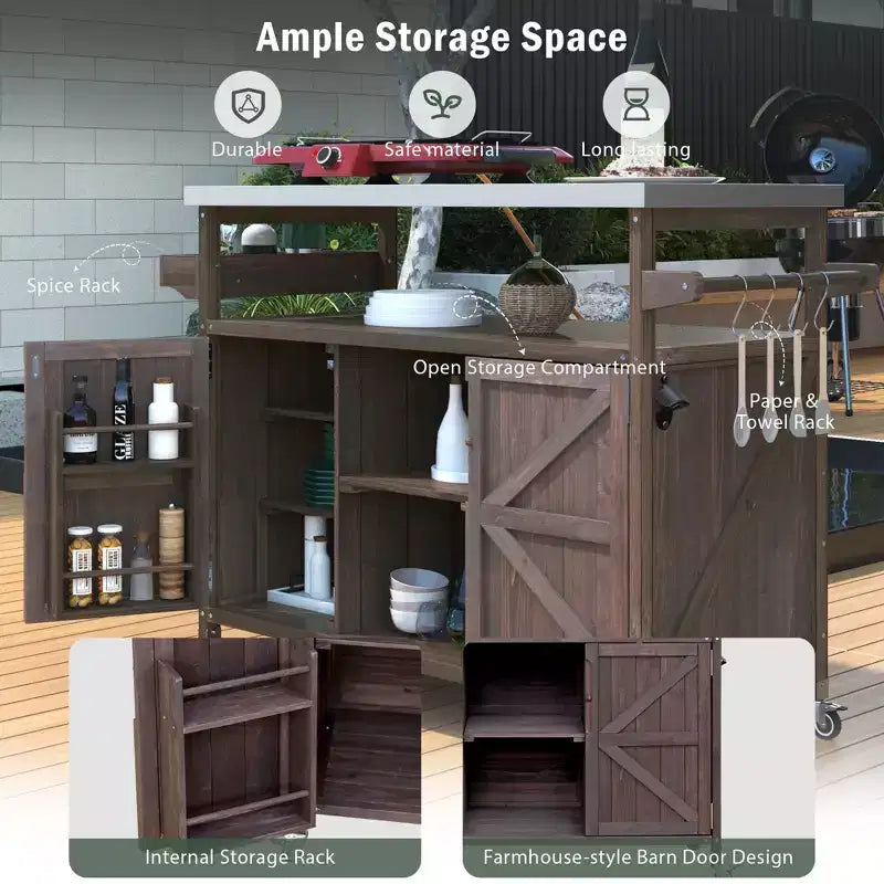 Outdoor Kitchen Island, Rolling Bar Cart & Storage Cabinet, Farmhouse Outdoor Grill Table with Stainless Steel Top, Towel Rack