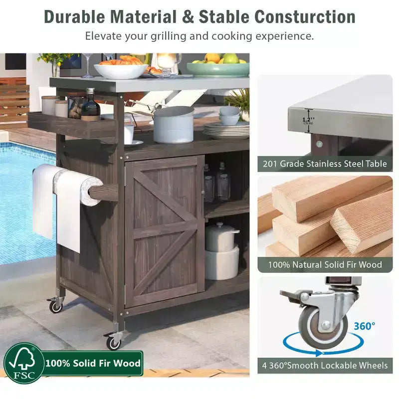 Outdoor Kitchen Island, Rolling Bar Cart & Storage Cabinet, Farmhouse Outdoor Grill Table with Stainless Steel Top, Towel Rack