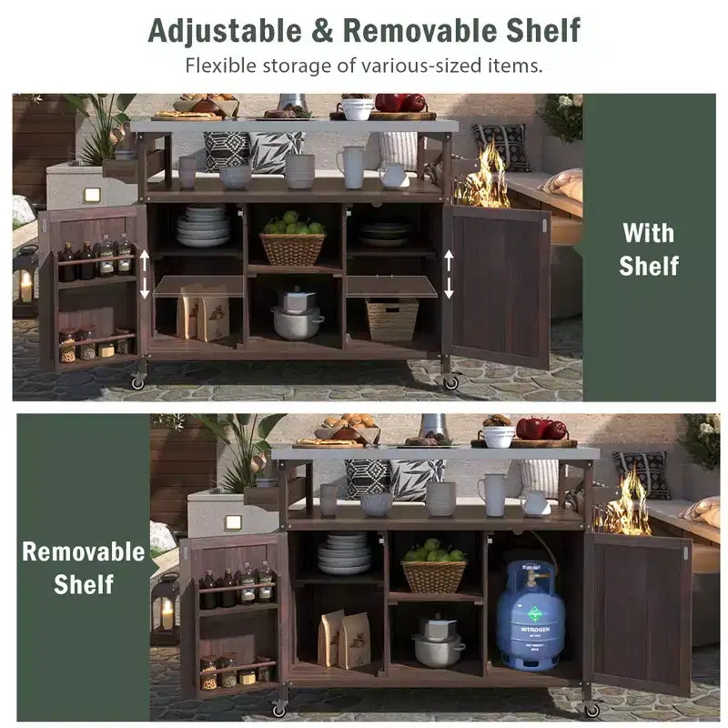 Outdoor Kitchen Island, Rolling Bar Cart & Storage Cabinet, Farmhouse Outdoor Grill Table with Stainless Steel Top, Towel Rack