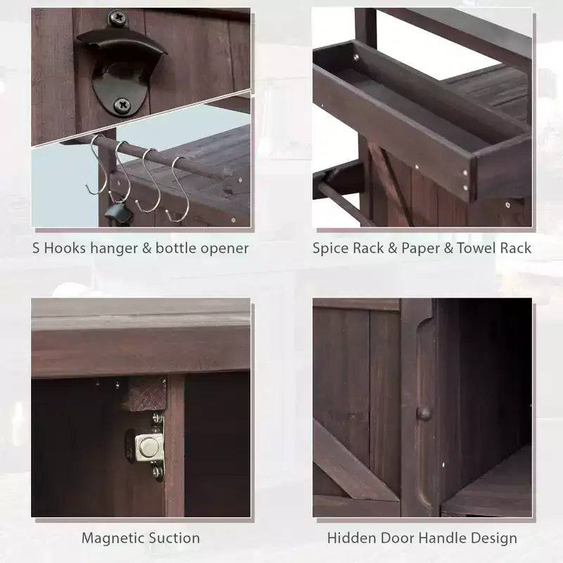 Outdoor Kitchen Island, Rolling Bar Cart & Storage Cabinet, Farmhouse Outdoor Grill Table with Stainless Steel Top, Towel Rack