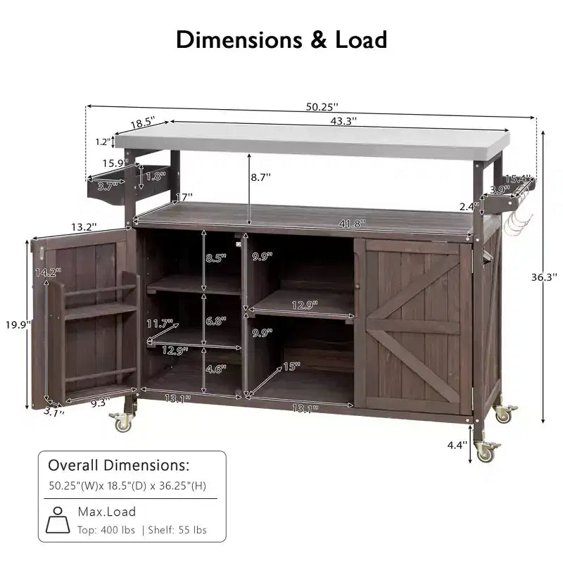 Outdoor Kitchen Island, Rolling Bar Cart & Storage Cabinet, Farmhouse Outdoor Grill Table with Stainless Steel Top, Towel Rack