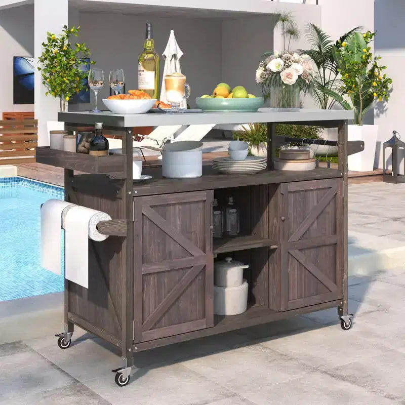 CLIHOME Outdoor Kitchen Island, Rolling Bar Cart & Storage Cabinet, Farmhouse Outdoor Grill Table with Stainless Steel Top, Towel Rack