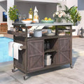CLIHOME Outdoor Kitchen Island, Rolling Bar Cart & Storage Cabinet, Farmhouse Outdoor Grill Table with Stainless Steel Top, Towel Rack
