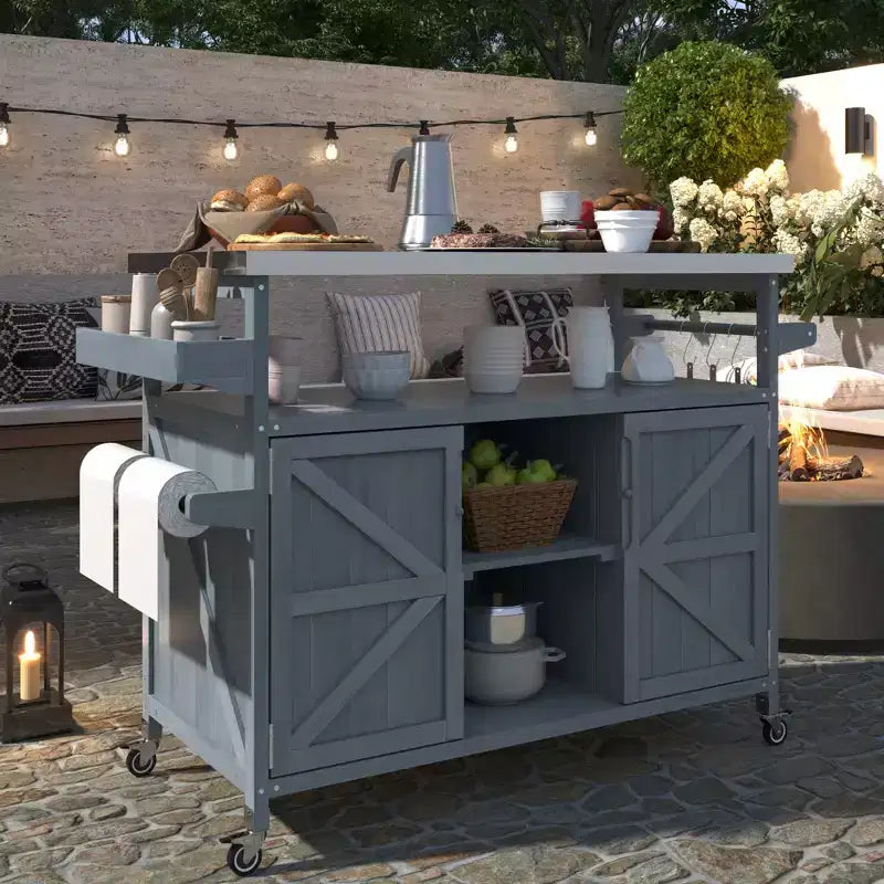 Outdoor Kitchen Island, Rolling Bar Cart & Storage Cabinet, Farmhouse Outdoor Grill Table with Stainless Steel Top, Towel Rack