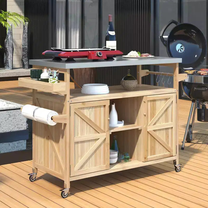 Outdoor Kitchen Island, Rolling Bar Cart & Storage Cabinet, Farmhouse Outdoor Grill Table with Stainless Steel Top, Towel Rack
