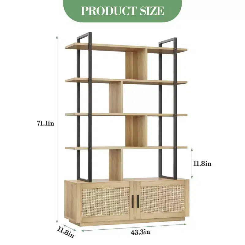 5 Tier Rattan Bookshelf, 71.1 Open Bookcase with Cabinet, Freestanding Display Rack with Metal Frame, Open Storage Rack for Bedroom