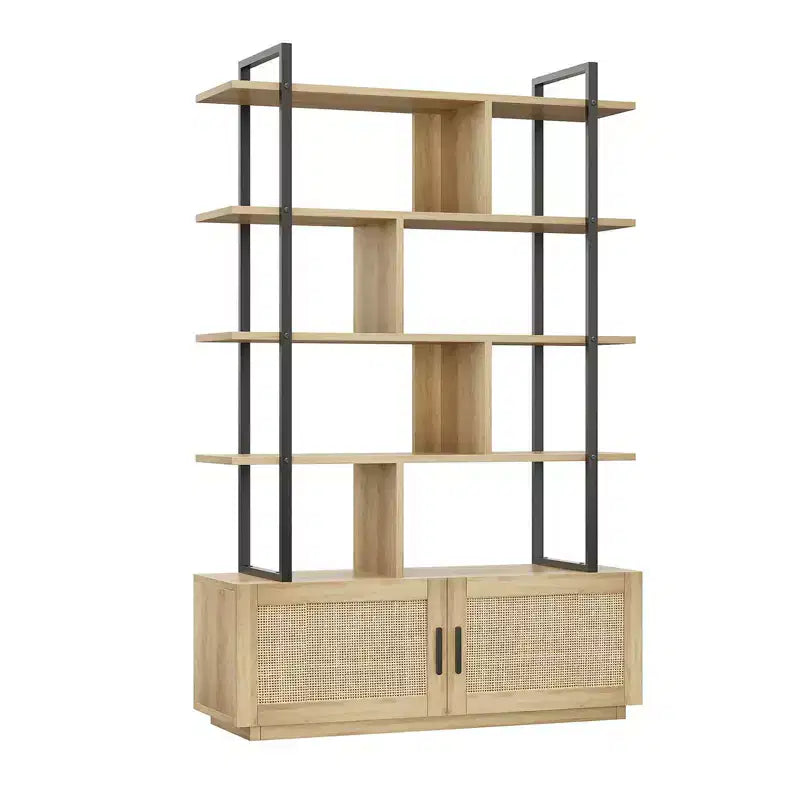 5 Tier Rattan Bookshelf, 71.1 Open Bookcase with Cabinet, Freestanding Display Rack with Metal Frame, Open Storage Rack for Bedroom