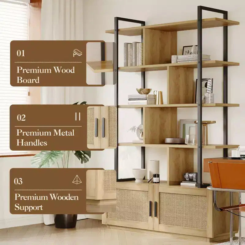 5 Tier Rattan Bookshelf, 71.1 Open Bookcase with Cabinet, Freestanding Display Rack with Metal Frame, Open Storage Rack for Bedroom