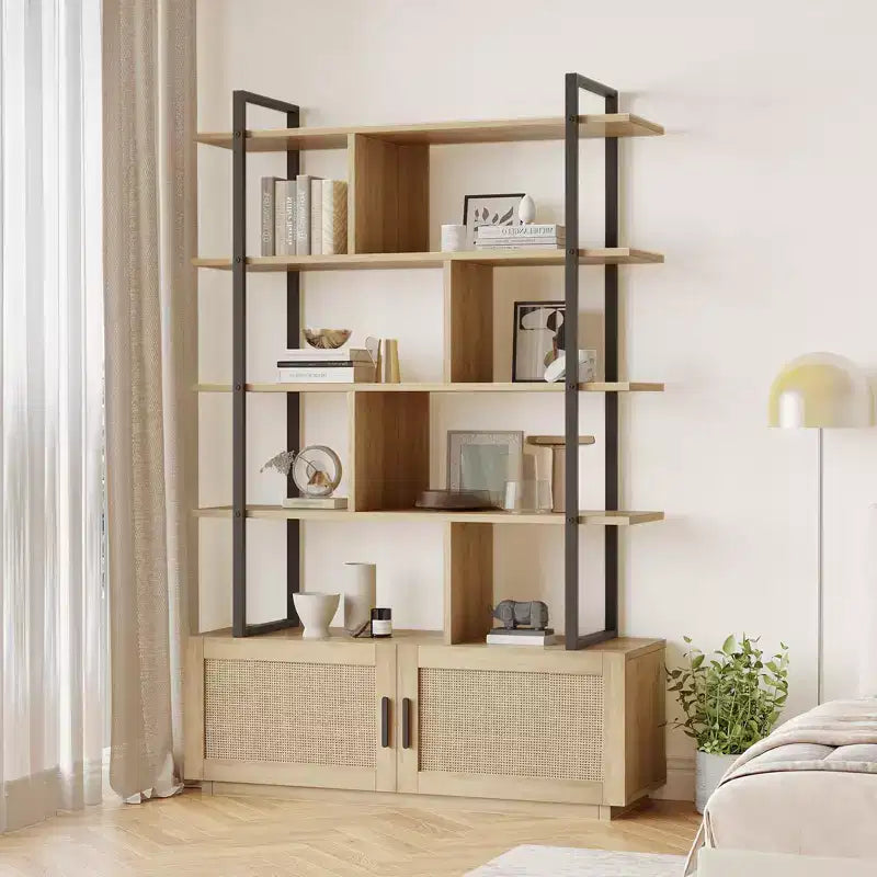5 Tier Rattan Bookshelf, 71.1 Open Bookcase with Cabinet, Freestanding Display Rack with Metal Frame, Open Storage Rack for Bedroom
