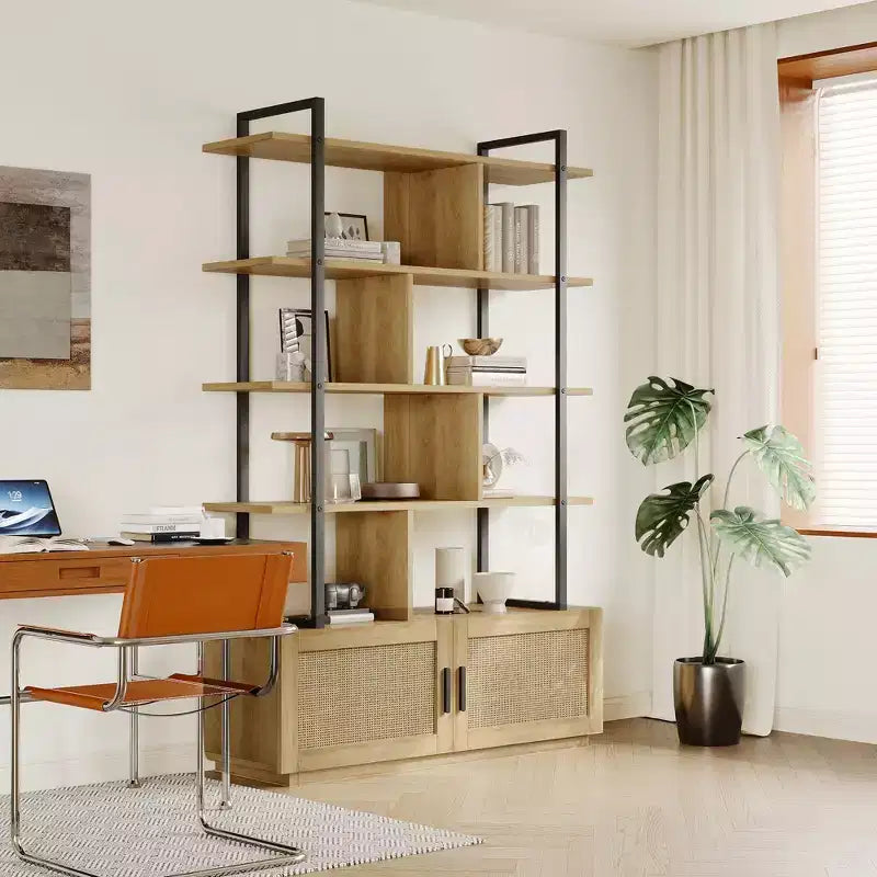 5 Tier Rattan Bookshelf, 71.1 Open Bookcase with Cabinet, Freestanding Display Rack with Metal Frame, Open Storage Rack for Bedroom