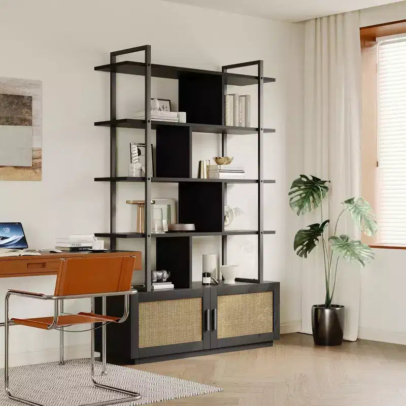 5 Tier Rattan Bookshelf, 71.1 Open Bookcase with Cabinet, Freestanding Display Rack with Metal Frame, Open Storage Rack for Bedroom