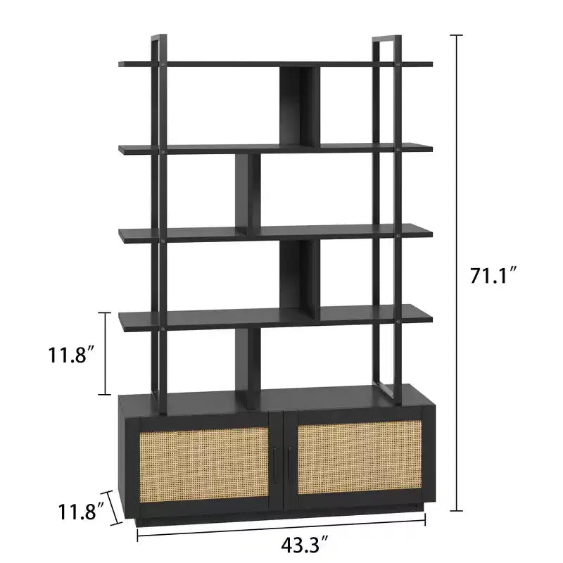 5 Tier Rattan Bookshelf, 71.1 Open Bookcase with Cabinet, Freestanding Display Rack with Metal Frame, Open Storage Rack for Bedroom