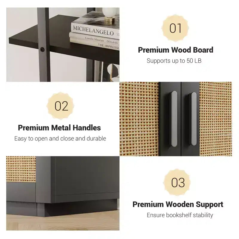 5 Tier Rattan Bookshelf, 71.1 Open Bookcase with Cabinet, Freestanding Display Rack with Metal Frame, Open Storage Rack for Bedroom