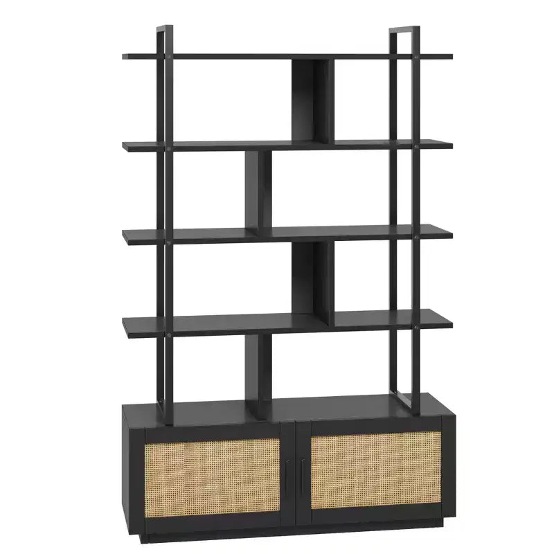 5 Tier Rattan Bookshelf, 71.1 Open Bookcase with Cabinet, Freestanding Display Rack with Metal Frame, Open Storage Rack for Bedroom