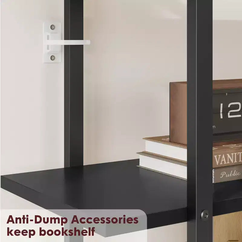 5 Tier Rattan Bookshelf, 71.1 Open Bookcase with Cabinet, Freestanding Display Rack with Metal Frame, Open Storage Rack for Bedroom