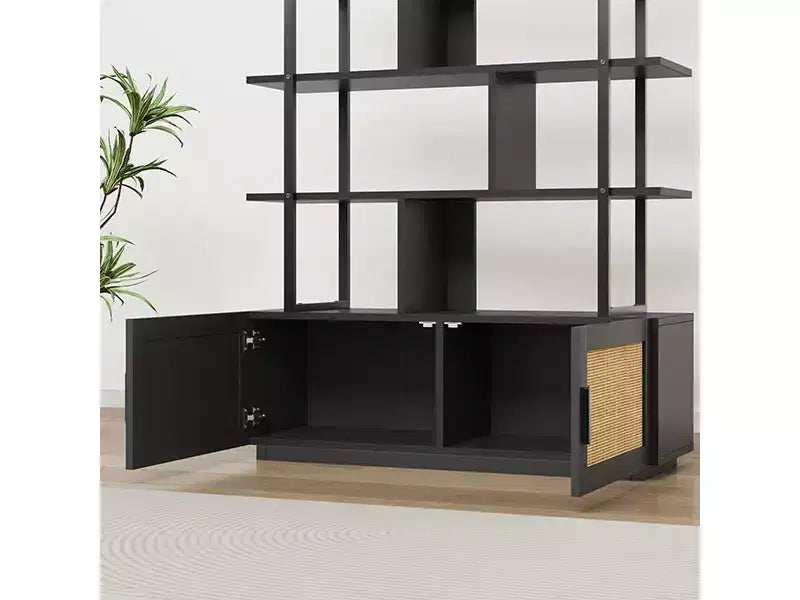 5 Tier Rattan Bookshelf, 71.1 Open Bookcase with Cabinet, Freestanding Display Rack with Metal Frame, Open Storage Rack for Bedroom