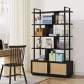 5 Tier Rattan Bookshelf, 71.1 Open Bookcase with Cabinet, Freestanding Display Rack with Metal Frame, Open Storage Rack for Bedroom