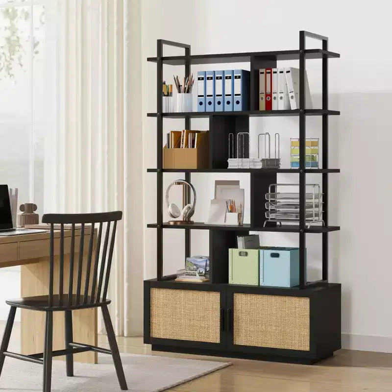 5 Tier Rattan Bookshelf, 71.1 Open Bookcase with Cabinet, Freestanding Display Rack with Metal Frame, Open Storage Rack for Bedroom