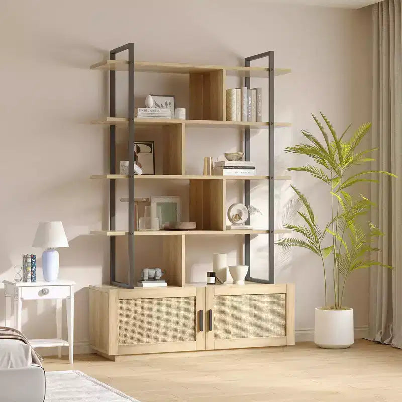 5 Tier Rattan Bookshelf, 71.1 Open Bookcase with Cabinet, Freestanding Display Rack with Metal Frame, Open Storage Rack for Bedroom