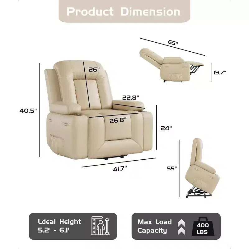 Oversized Power Lift Recliner Chair for Elderly, Faux Leather Lift Chair with Wide Seat, Cup Holders, and Side Pockets for Living Room
