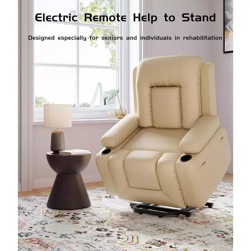 Oversized Power Lift Recliner Chair for Elderly, Faux Leather Lift Chair with Wide Seat, Cup Holders, and Side Pockets for Living Room