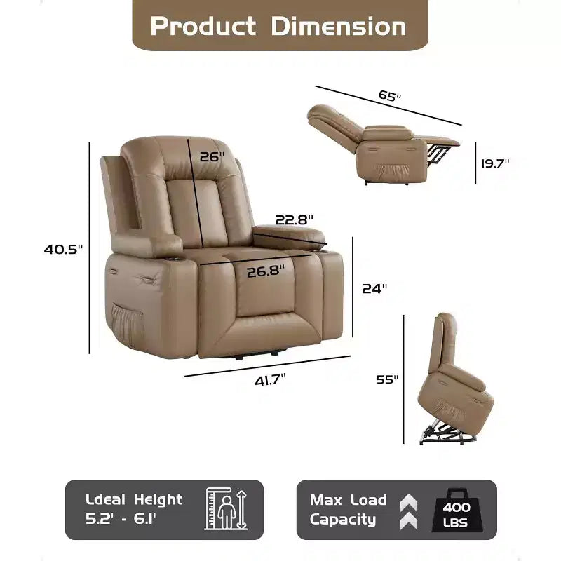 Oversized Power Lift Recliner Chair for Elderly, Faux Leather Lift Chair with Wide Seat, Cup Holders, and Side Pockets for Living Room