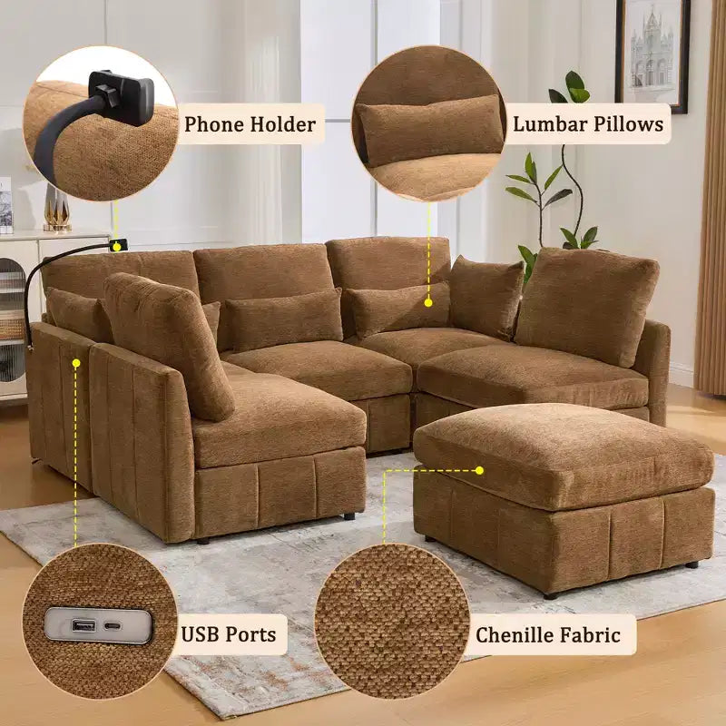 Multifunctional Modular Sectional Sofa with Movable Ottoman