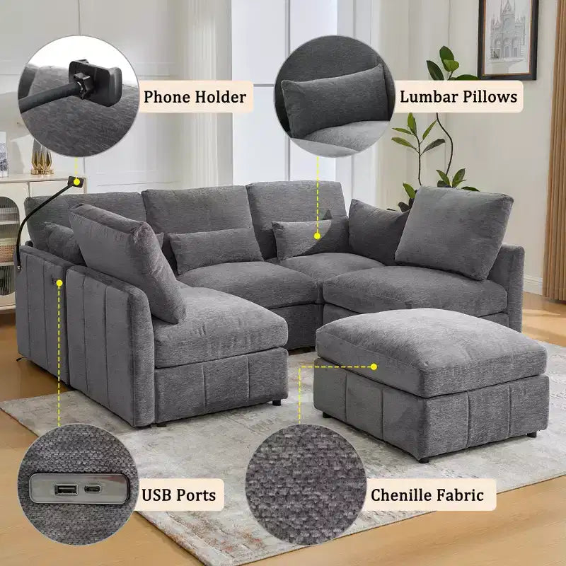 Multifunctional Modular Sectional Sofa with Movable Ottoman