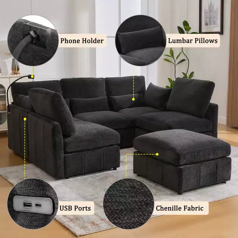 Multifunctional Modular Sectional Sofa with Movable Ottoman
