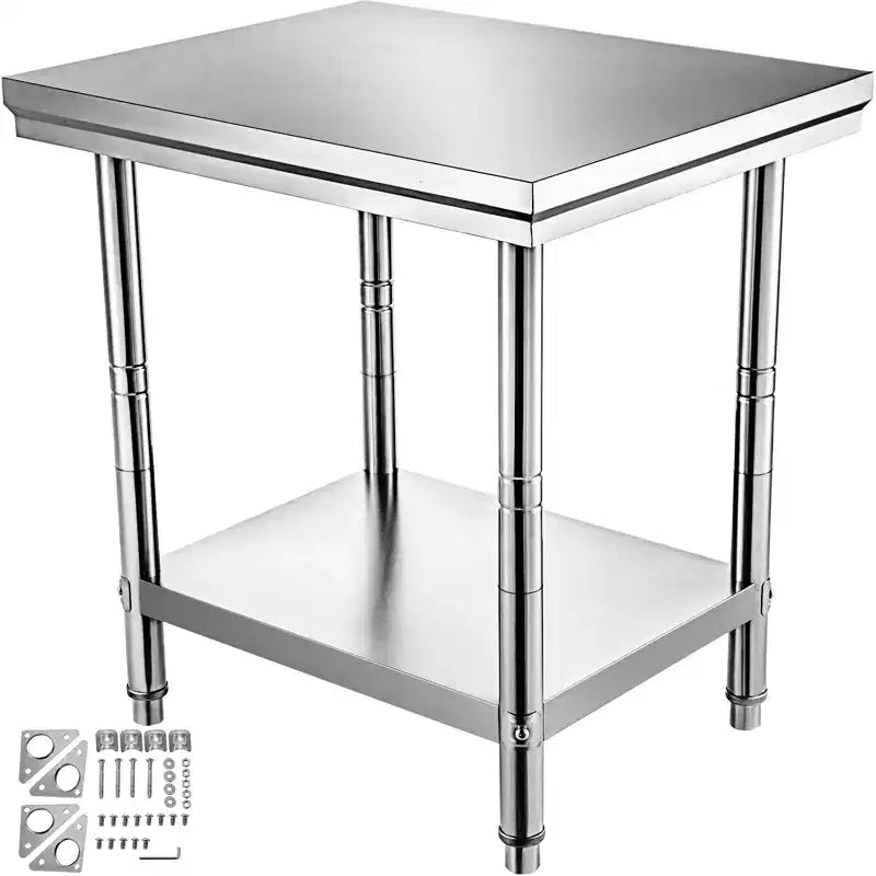 VEVOR Stainless Steel Prep Table, 24 x 30 x 31 Inch, 700 lbs Load Capacity, Heavy Duty Metal Worktable with 3 Adjustable Height Levels, Silver