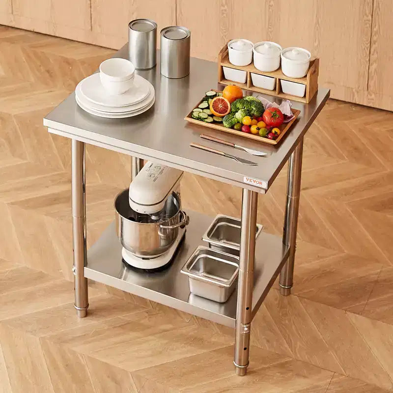 Stainless Steel Prep Table, 24 x 30 x 31 Inch, 700 lbs Load Capacity, Heavy Duty Metal Worktable with 3 Adjustable Height Levels, Silver