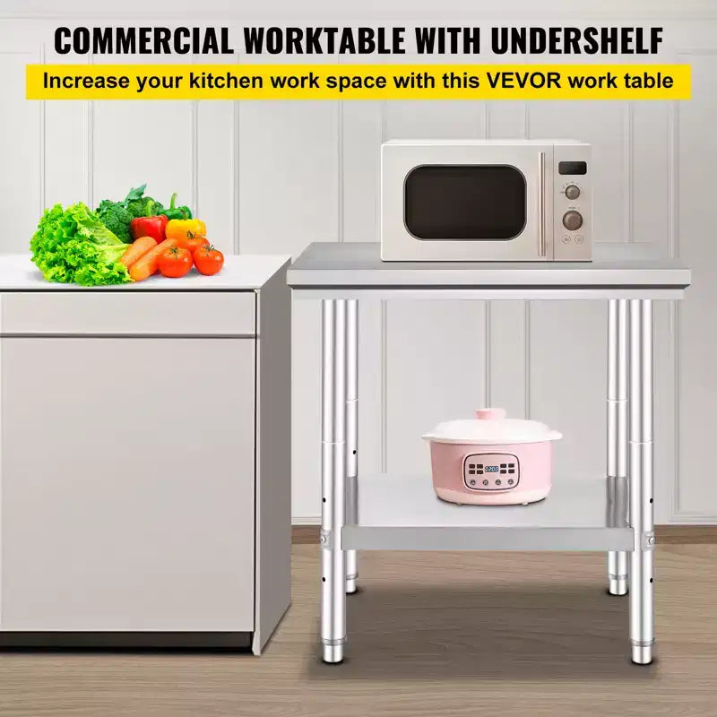 Stainless Steel Prep Table, 24 x 30 x 31 Inch, 700 lbs Load Capacity, Heavy Duty Metal Worktable with 3 Adjustable Height Levels, Silver