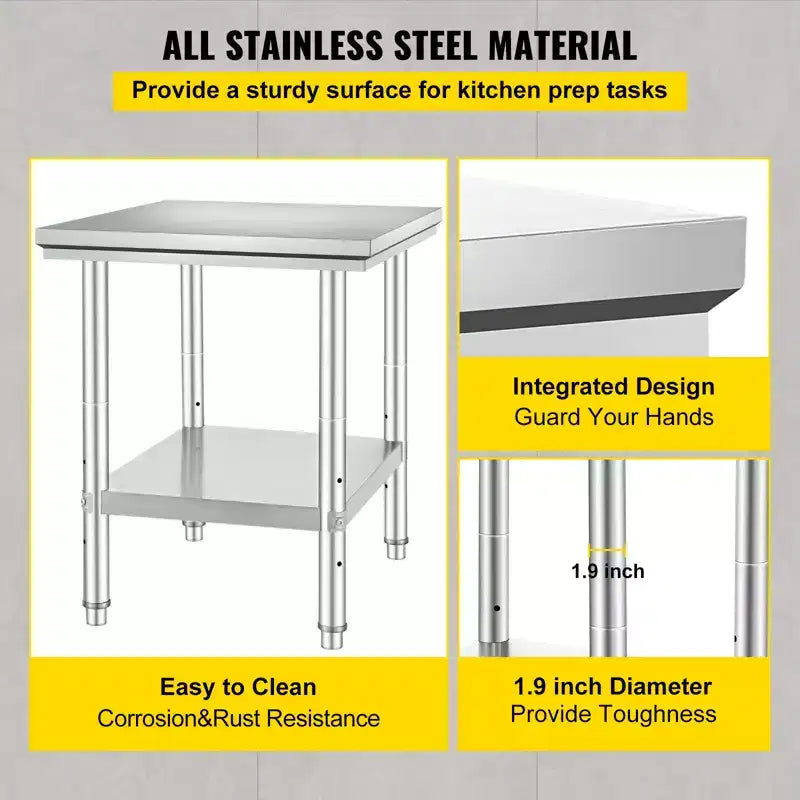 Stainless Steel Prep Table, 24 x 30 x 31 Inch, 700 lbs Load Capacity, Heavy Duty Metal Worktable with 3 Adjustable Height Levels, Silver