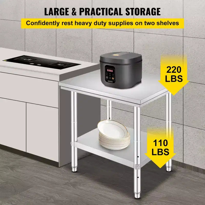 Stainless Steel Prep Table, 24 x 30 x 31 Inch, 700 lbs Load Capacity, Heavy Duty Metal Worktable with 3 Adjustable Height Levels, Silver