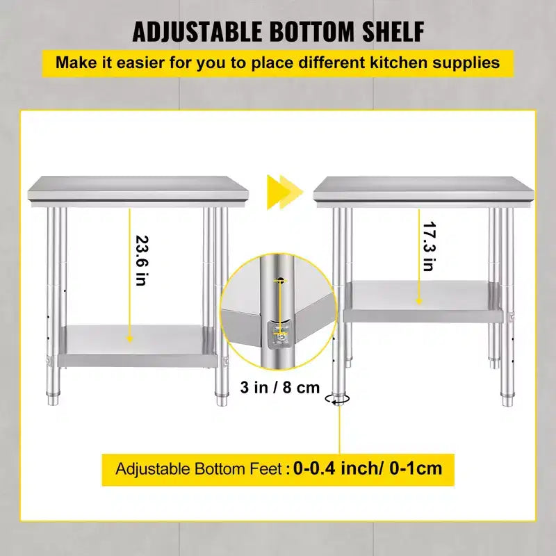 Stainless Steel Prep Table, 24 x 30 x 31 Inch, 700 lbs Load Capacity, Heavy Duty Metal Worktable with 3 Adjustable Height Levels, Silver