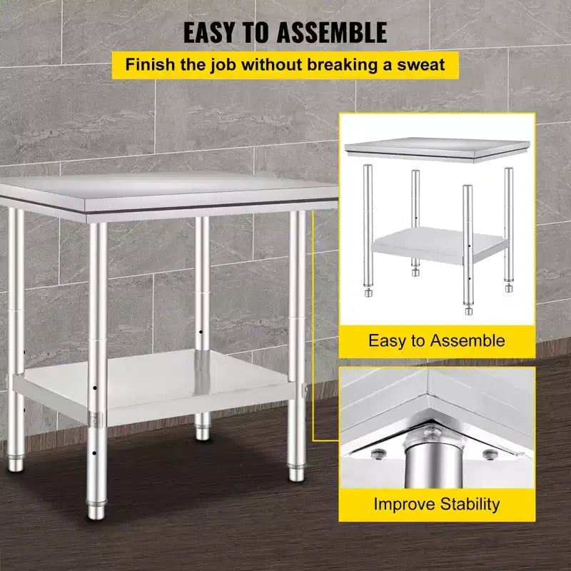 Stainless Steel Prep Table, 24 x 30 x 31 Inch, 700 lbs Load Capacity, Heavy Duty Metal Worktable with 3 Adjustable Height Levels, Silver
