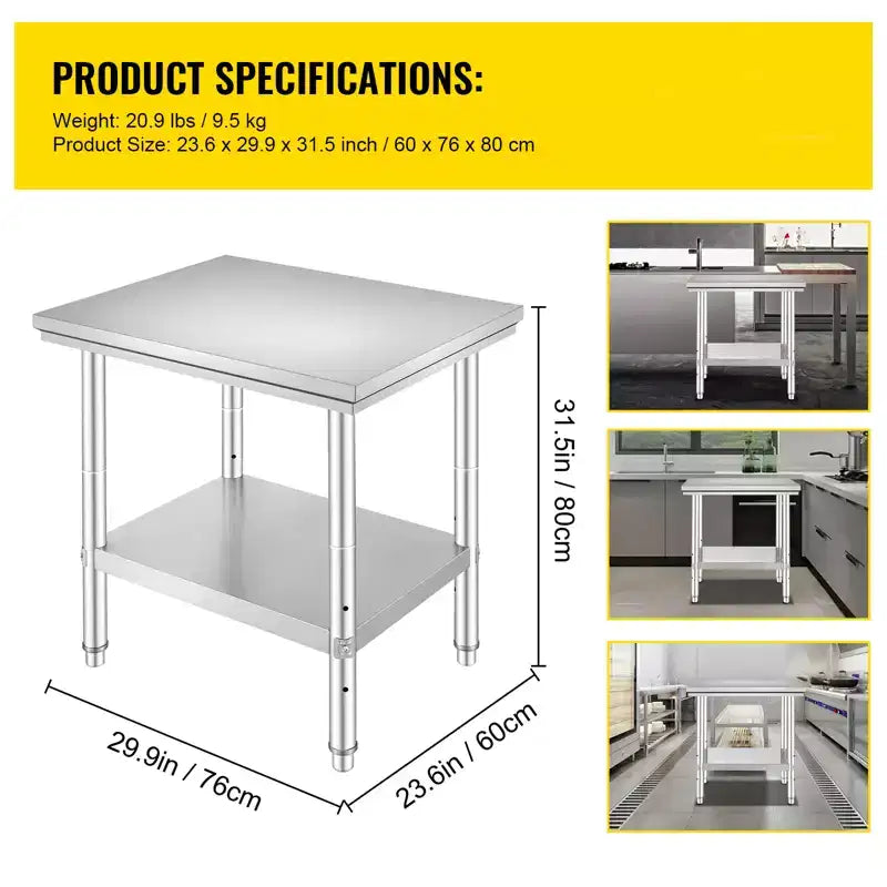 Stainless Steel Prep Table, 24 x 30 x 31 Inch, 700 lbs Load Capacity, Heavy Duty Metal Worktable with 3 Adjustable Height Levels, Silver