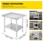 Table de préparation en acier inoxydable, 24 x 30 x 31 pouces, capacité de charge de 700 lb, établi métallique robuste avec 3 niveaux de hauteur réglables, argent