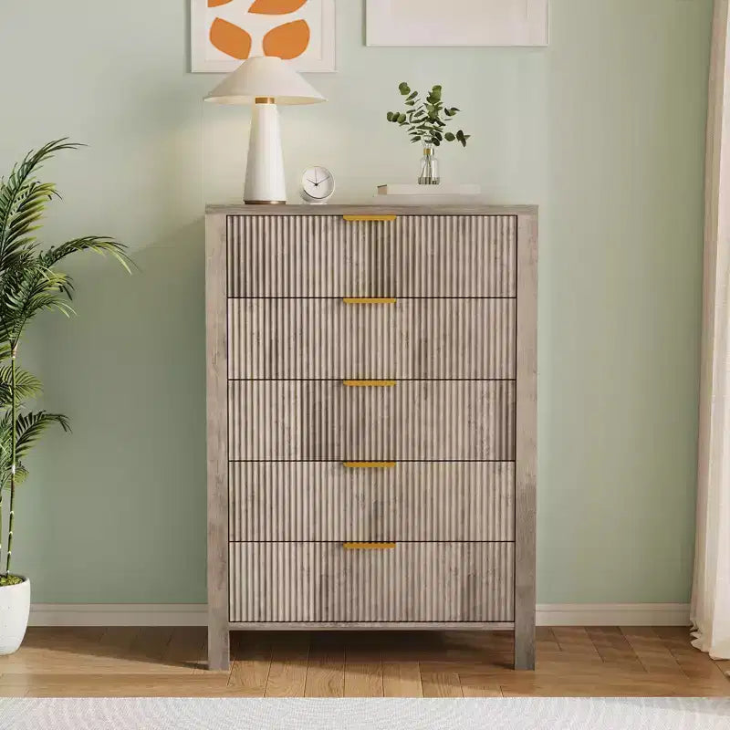 GustoWave Fluted 5 Drawer Dresser, 45 Inch Tall Slim Dresser for Small Spaces, Modern Farmhouse Wooden Chest of Drawers for Bedroom Nursery Apartment