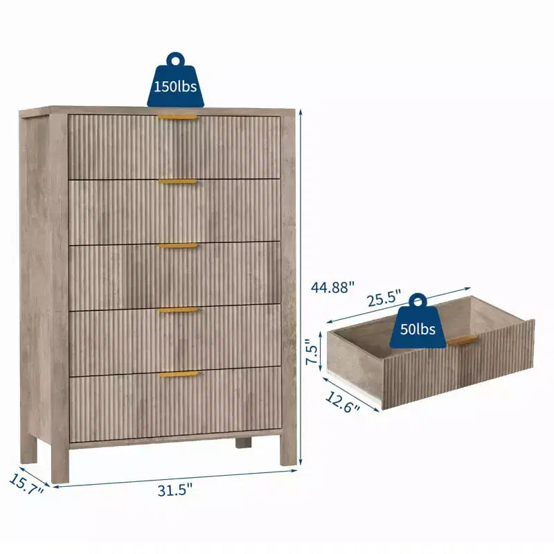 Fluted 5 Drawer Dresser, 45 Inch Tall Slim Dresser for Small Spaces, Modern Farmhouse Wooden Chest of Drawers for Bedroom Nursery Apartment