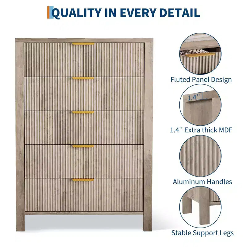 Fluted 5 Drawer Dresser, 45 Inch Tall Slim Dresser for Small Spaces, Modern Farmhouse Wooden Chest of Drawers for Bedroom Nursery Apartment