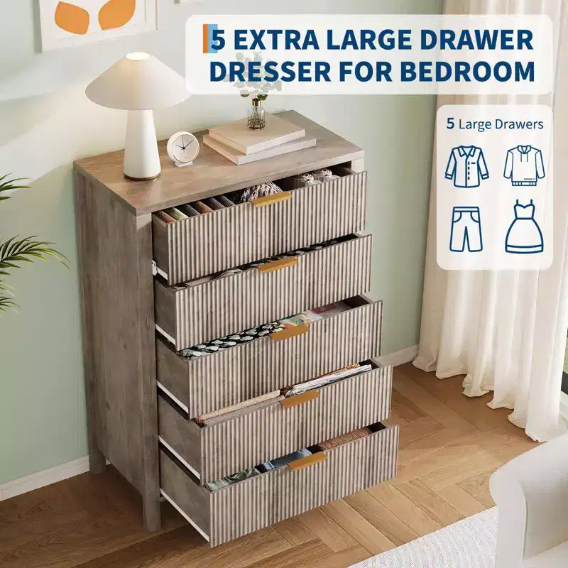 Fluted 5 Drawer Dresser, 45 Inch Tall Slim Dresser for Small Spaces, Modern Farmhouse Wooden Chest of Drawers for Bedroom Nursery Apartment