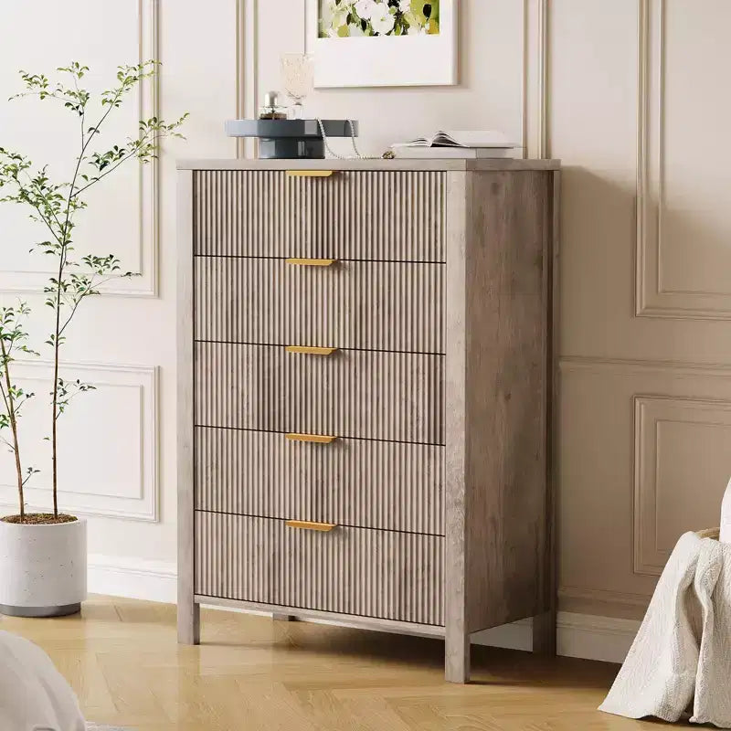 Fluted 5 Drawer Dresser, 45 Inch Tall Slim Dresser for Small Spaces, Modern Farmhouse Wooden Chest of Drawers for Bedroom Nursery Apartment