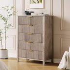 Commode à 5 tiroirs cannelés, commode étroite de 114 cm de haut pour petits espaces, commode en bois de style ferme moderne pour chambre à coucher, chambre d'enfant, appartement
