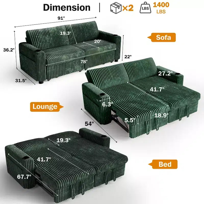 91'' Sectional Sleeper Sofa Bed with Pull Out Bed, with Reclining Backrest/Two Pull Out Beds/USB Ports/Cup Holders, Plush Corduroy