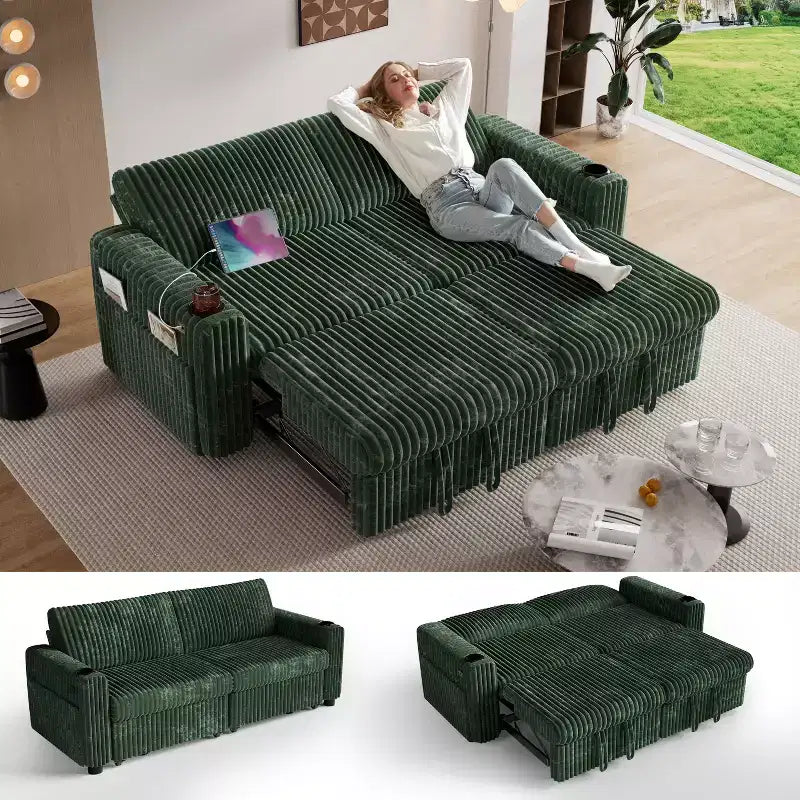 91'' Sectional Sleeper Sofa Bed with Pull Out Bed, with Reclining Backrest/Two Pull Out Beds/USB Ports/Cup Holders, Plush Corduroy