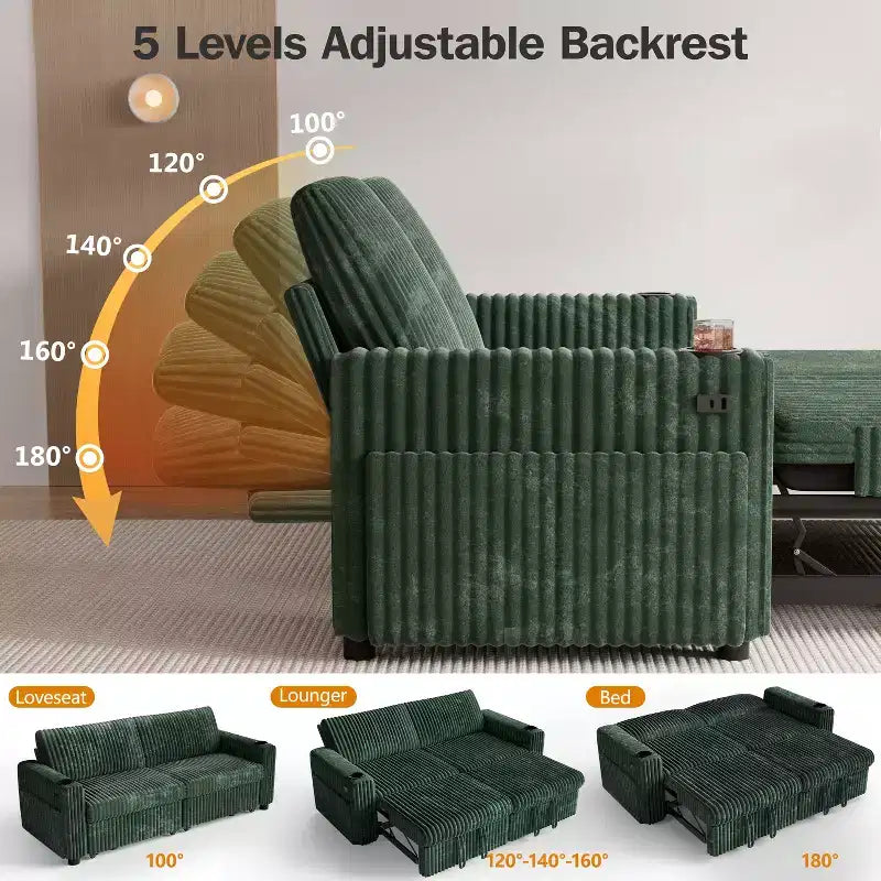 91'' Sectional Sleeper Sofa Bed with Pull Out Bed, with Reclining Backrest/Two Pull Out Beds/USB Ports/Cup Holders, Plush Corduroy