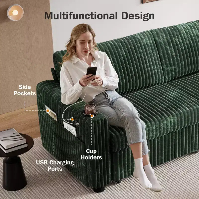 91'' Sectional Sleeper Sofa Bed with Pull Out Bed, with Reclining Backrest/Two Pull Out Beds/USB Ports/Cup Holders, Plush Corduroy