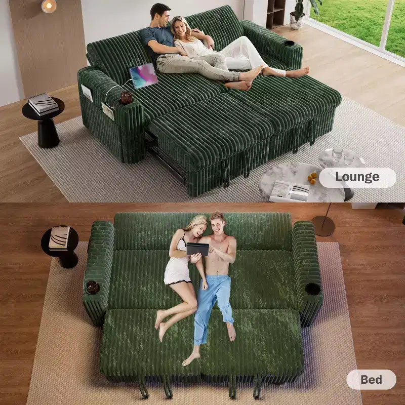 91'' Sectional Sleeper Sofa Bed with Pull Out Bed, with Reclining Backrest/Two Pull Out Beds/USB Ports/Cup Holders, Plush Corduroy